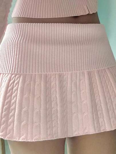 DAZY Textured Knit A-Line Waist Cinching Sweater Skirt Set, Pink, Collegiate Style, Suitable For School, Wedding, Party, Autumn/Winter Y2k