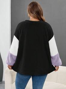 SHEIN CURVE+ 秋冬大码撞色落肩毛绒不对称上衣 - 彩色 - 查看 2