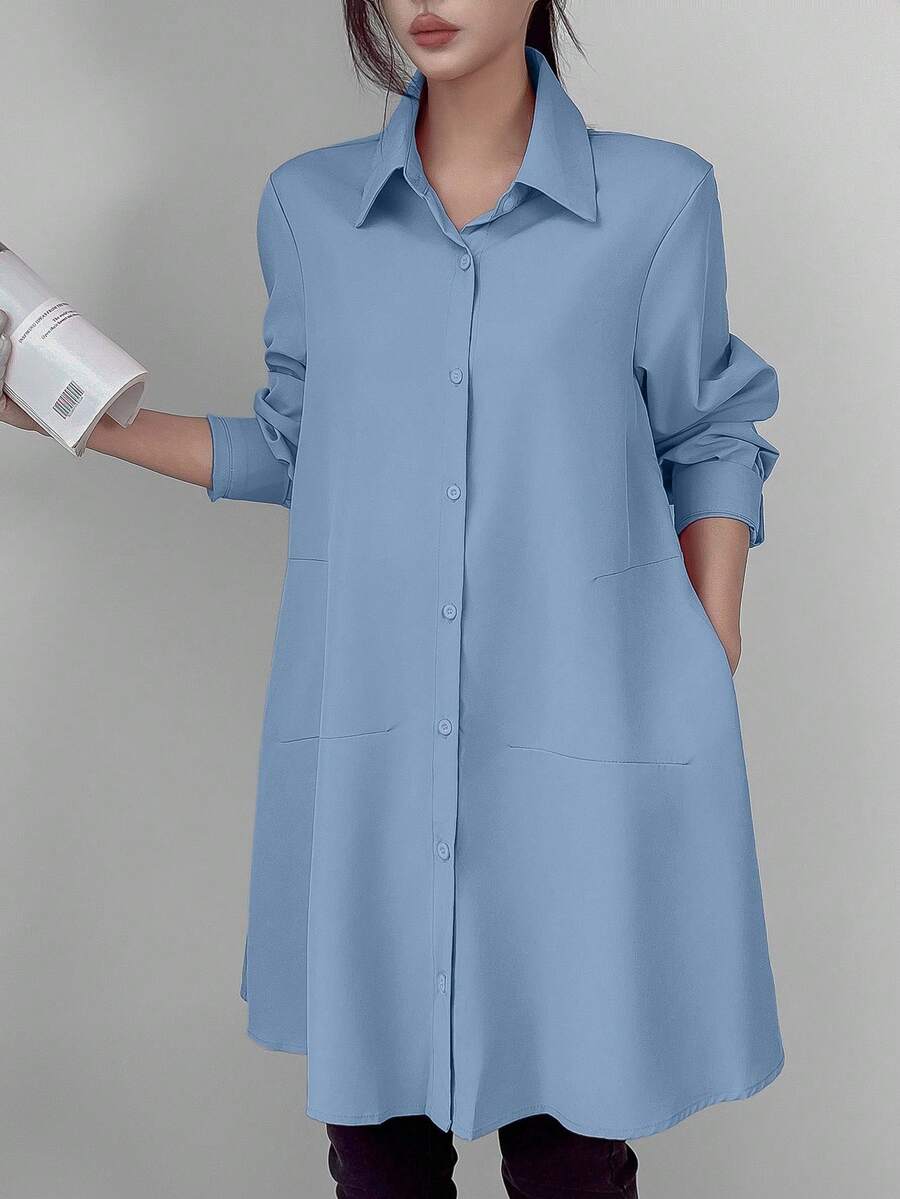 SHEIN LUNE 女式纯色长袖单排扣长款休闲衬衫 - 藍色 - 查看 1