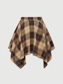 ROMWE Grunge Punk 秋季女装韩流服饰返校季复古做旧格子系带不对称层叠半身裙 - 棕色 - 查看 2