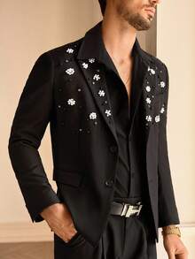 Manfinity BRENVOR Men's Elegant Gentleman Faux Pearl Detail Single-Breasted Blazer, For Fall Winter - Black - View 5