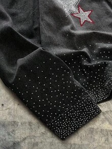 AXEPEAK Chaqueta vaquera de hombre con adornos de strass lavados, prenda exterior corta y con estilo, para otoño - Negro - Ver 5