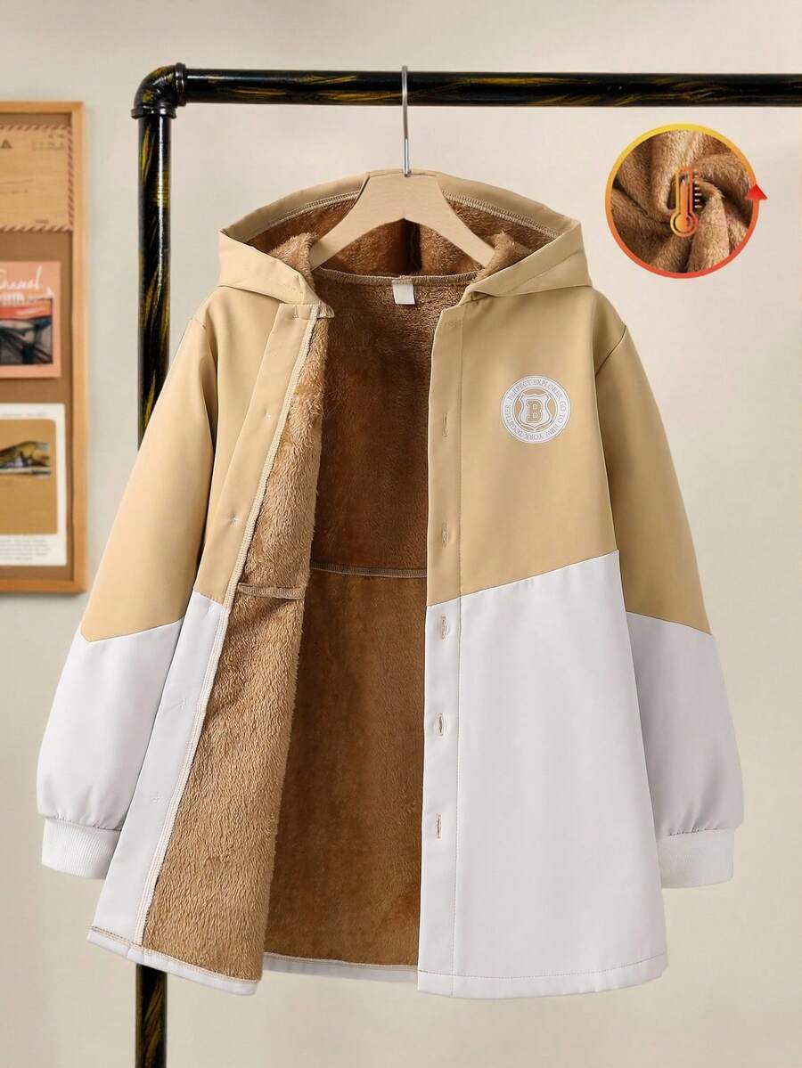 SHEIN Explorewe 少女连帽加厚绒面复古印花中长款保暖外套,适合假日、夏季、旅行,2025年返校季、大学校园运动装 - 彩色 - 查看 1