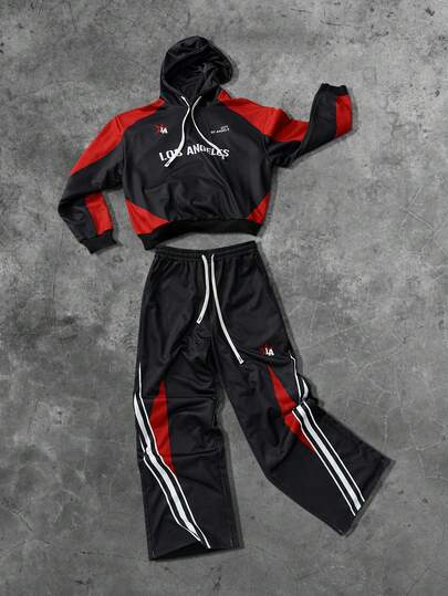 Street Life 2pcs Men's Sporty Racing Element Hooded Sweatshirt And Matching Sweatpants Set