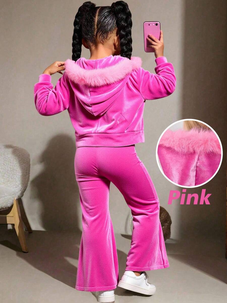 Set de 2 piezas de sudadera con capucha de terciopelo elegante y cómoda y pantalones jogger para niñas jóvenes, conjunto de atuendo casual y vintage lindo para otoño/invierno, estilos a juego madre-hija, hermana - Rosa - Ver 1