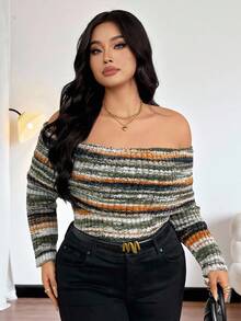SHEIN Privé 大码女式露肩长袖修身毛衣 - 彩色 - 查看 4