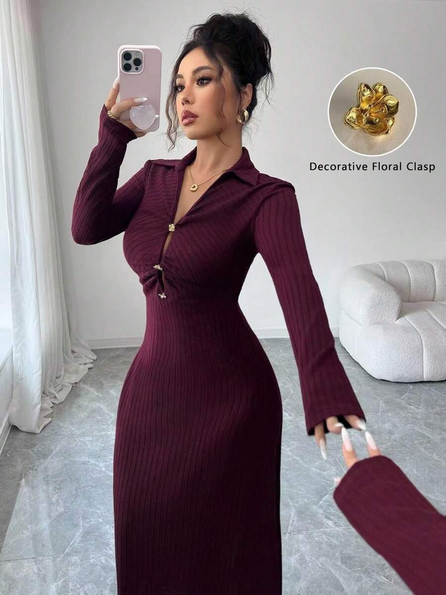 Modelyn 法式设计紧身连衣裙,V领,金属装饰纽扣,收腰,女士修身款 - Bold Plum - 查看 1