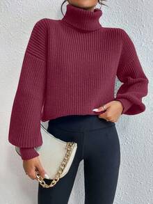 Celisse Áo len tay loe cổ lọ màu trơn thường ngày, thu/đông - Bold Plum - Xem 6