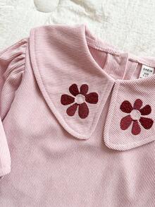 SHEIN Vintaside Kids 1 pièce Top polyvalent confortable et décontracté pour tout-petites filles, style coréen avec col à revers, broderie 3D en velours, manches longues, convient pour le port quotidien au printemps, à l'automne et en hiver