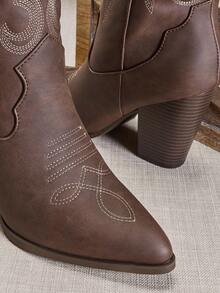 SHUZIA #WesternClassic Women's Retro Embroidery Pattern Snip Toe Block Heel Knee High Nub Brown Cowboy Boots-Sleek Silhouette With Timeless Rodeo Appeal For Christmas