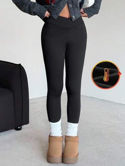 SHEIN Teens Girls' Black Stretchy Casual Sports Leggings With Thermal Lined, Solid Color Sports Leggings, Running Tights, Winter Clothes Warm Leggings Yoga Pants V-Waist Leggings Thermal Lined Leggings Black Leggings