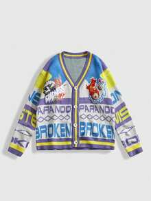 ROMWE MEN Street Life 男士休闲时尚街头拼布字母刺绣图案V领长袖开衫，秋冬 - 紫色 - 查看 1