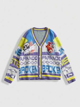 Street Life Men's Fashion Street Patchwork Letter Embroidery Pattern V-Neck Long Sleeve Cardigan, Autumn/Winter