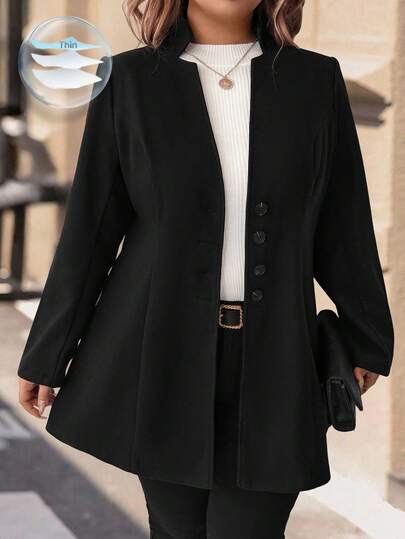 SHEIN Plus Size Women Casual Vacation Stand Collar Fitted Jacket, Fashionable Overcoat