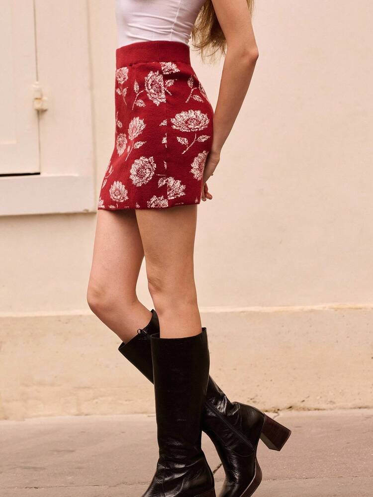 lacRébo Textured Jacquard Floral Pattern Knit Mini Skirt For Women Going Out Skirt  New Year Skirt - Multicolor - View 5