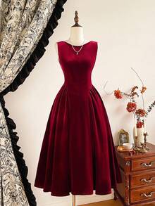 Vintamour 复古优雅女式连衣裙，带口袋，天鹅绒珍珠链，派对节日鸡尾酒会礼服，女式秋季服装，万圣节服装，冬装，圣诞冬装，女式秋季服装，女式万圣节服装，女式圣诞服装，圣诞派对礼服，新年礼服，女式感恩节服装，优雅派对礼服 - 酒紅色 - 查看 2