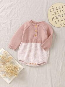1pc Pink Infant Knit Bodysuit, Casual Minimalist Baby Bodysuit, Fashion Round Neck Long Sleeve