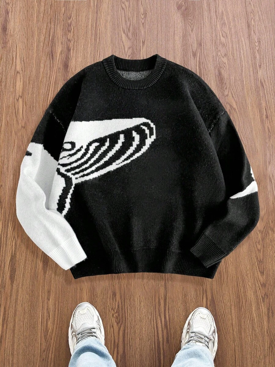Manfinity VCAY Herren Lässig Farbblockstreifen Patchwork Langarm Pullover, Herbst/Winter, Grunge Stil - Schwarz - Übersicht 1