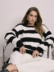 ATUI Studio 女士条纹针织毛衣，新款秋冬长袖宽松休闲时尚简约针织套头衫，圣诞毛衣，通勤百搭，新年造型，派对，感恩节 - 白色 - 查看 5