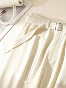 GlowEve 纯色口袋系带阔腿优雅女士西装裤 - 米色 - 查看 3