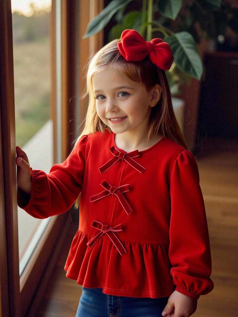 SHEIN Emery Rose Kids 少女蝴蝶结灯笼袖衬衫，适合万圣节、节日穿着，秋季长袖T恤，适合秋冬季日常休闲、运动、上学和聚会，生日女孩返校日母女装红色娃娃上衣红色衬衫秋冬季小女孩红色上衣红色红色蝴蝶结红色衬衫