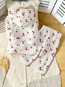 2 件套女童休闲樱桃图案连帽衫和运动裤套装，时尚创意设计，适合秋季 - 彩色 - 查看 2