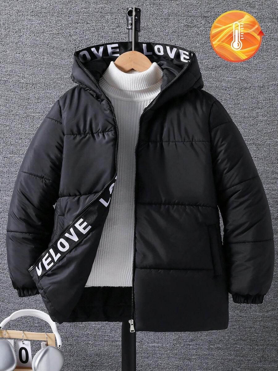 男童个性化字母印花拉链连帽夹克，带口袋，可机洗黑色风衣，适合滑雪、单板滑雪和寒冷天气 - 黑色 - 查看 1