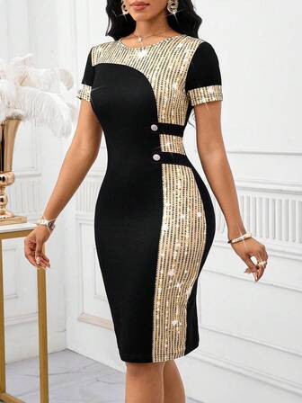 SHEIN Lady Vestido de punto de cuello de barco ceñido de manga corta midi de talla grande de colores para mujer, elegante para oficina, fiesta, cóctel, concierto/festival de música, para cumpleaños, trabajo, salir, festival, elegante