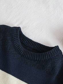 Tween Boy Casual Colorblock Crew Neck Loose Knit Sweater, Autumn/Winter - Navy Blue - View 3