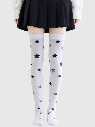 1 Pair Of Dark Goth Punk Skull Print Knee Socks Y2k Hottie Sweet Cool Girl Stockings