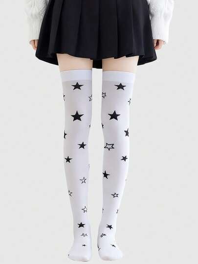 1 Pair Of Dark Goth Punk Skull Print Knee Socks Y2k Hottie Sweet Cool Girl Stockings