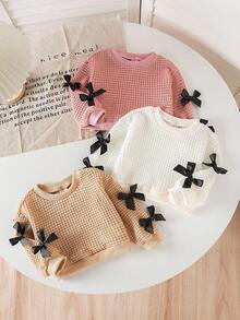 SHEIN Playful Pals New Fashion, Simple And Sweet Imitation Sweater Fabric Bow Decorative Round Neck Long-Sleeved Pullover, Suitable For Spring And Autumn, Daily Outfits, Must-Have When Fall Winter - Multicolor - View 3