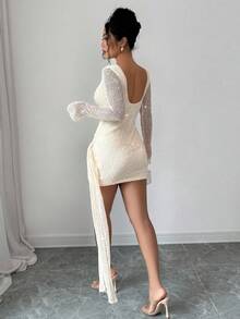 Rafferiza 女式合身针织不对称下摆串珠休闲度假派对连衣裙，性感节日鸡尾酒会连衣裙 - 杏色 - 查看 2