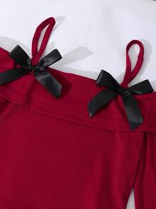 Sparklyn Tween Girls' Fashion Elegant T-Shirt Set, White Knit Top Paired With Black Woven Cake Skirt, Top Decorated With Black Bow, Skirt Embellished With Beads - Red - View 6