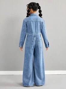 SHEIN Tween 女童秋冬休闲街头长袖单排扣口袋阔腿休闲牛仔连体裤，宽松高腰阔腿牛仔裤牛仔背带裤连体裤（不含 T 恤），女童秋冬服装街头服饰，返校节服装，圣诞服装万圣节服装，适合上学、居家和旅行 - 中等水洗藍 - 查看 3