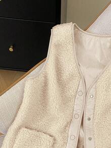 Resyla Áo khoác ngắn không tay thiết kế tối giản màu trơn dành cho nữ, đa năng cho mùa thu/đông - Màu be - Xem 5