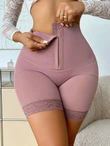 SHEIN 1 件女式高腰蕾丝拼布紧身短裤 - 棕色 - 查看 4
