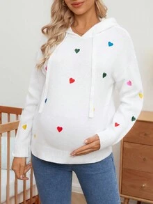 SHEIN 孕妇休闲心形刺绣抽绳连帽落肩毛衣，秋冬