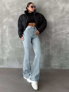 EURMUSE 98%Cotton Washed Flared Jeans With Slanted Pockets - Baby Blue - View 6