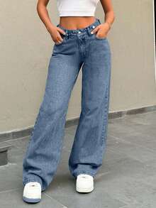 SHEIN Cottnline Low Waist Button Detailed Snow Wash Straight Cut Jean - Baby Blue - View 4
