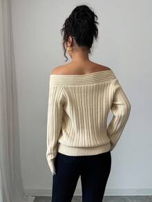 SHEIN Elenzya Elegant Minimalist Solid Color Ribbed Knit Off-Shoulder Sweater, Autumn/Winter - Apricot - View 2