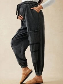 Boho Mama Maternity Solid Color High Waist Drawstring Casual Jogger Pants Comfy Joggers For Women Parachute Baggy Loose Black - Dark Grey - View 9