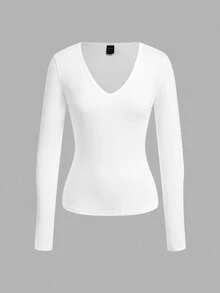 SHEIN EZwear 3件套女士深V领紧身休闲长袖T恤套装，白色，秋冬 - 白色 - 查看 5