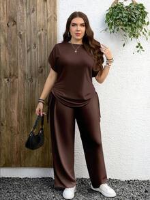 EMERY ROSE 2件套加大码休闲纯色深棕色套装，适合夏季