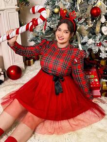 SHEIN Essnce 大码复古可爱蓬蓬裙，荷叶边长袖连衣裙，蛋糕裙，圣诞连衣裙，红色连衣裙公主裙，母女姐妹搭配，除夕装，红色格子连衣裙 - 紅色 - 查看 3