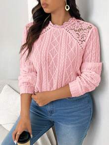 SHEIN Frenchy 大码女式休闲日常通勤纯色纹理面料撞色蕾丝灯笼袖宽松T恤，春秋季 - 粉色 - 查看 3