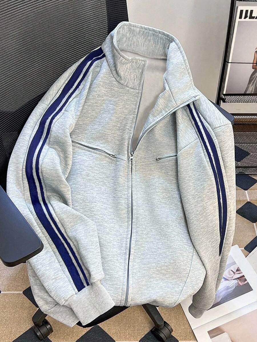 Resyla 大码女式休闲撞色条纹侧立领拉链保暖内衬卫衣，适合日常通勤和运动，秋冬季