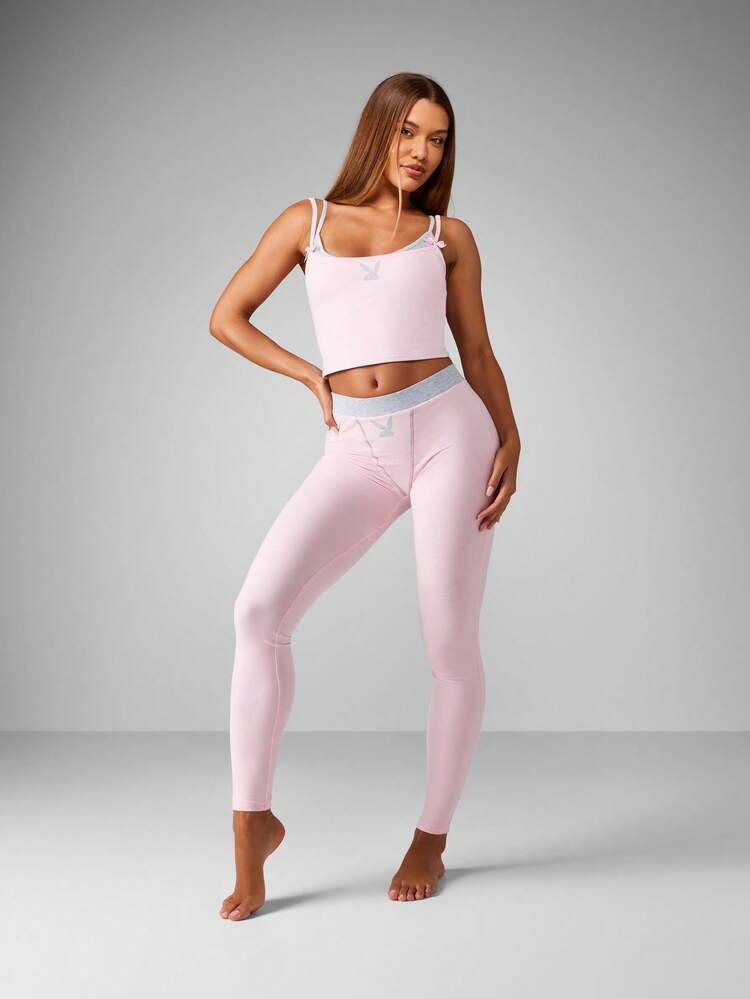 Missguided x Playboy Double Layer Crop Top With Bow Detail And High Rise Leggings