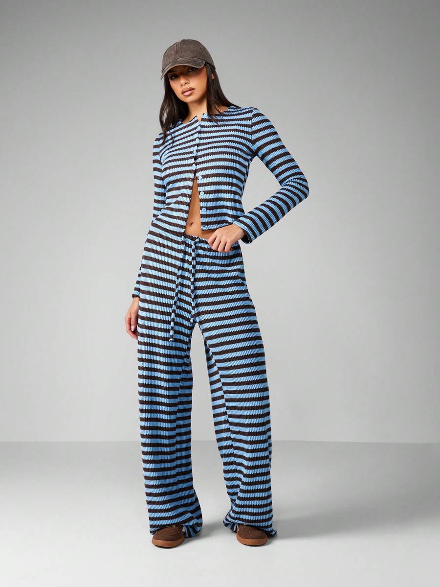 MISSGUIDED Ribbed Knit Long Sleeve Button Up Cardigan Wide Leg Pants Co-Ord Winter Fall Loungewear Two Piece Set Button Front - Multicolor - View 1