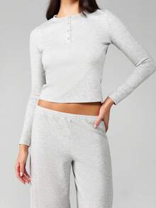 MISSGUIDED 舒适半开襟长袖露脐上衣和阔腿裤家居服套装，休闲冬季休闲装，秋季服装 - 灰色 - 查看 4